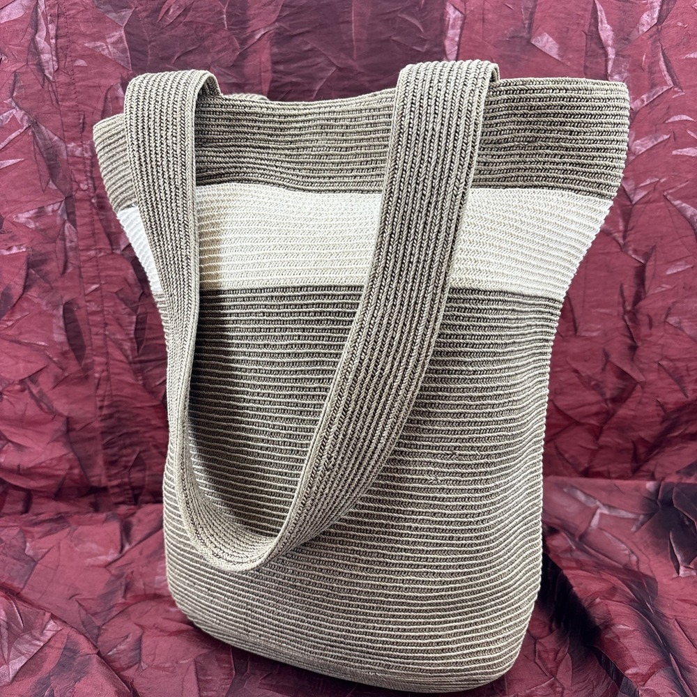 Ann Taylor‎ LOFT Woven Crochet Hobo Bucket Bag Tote Neutral Stripe Shoulder Bag